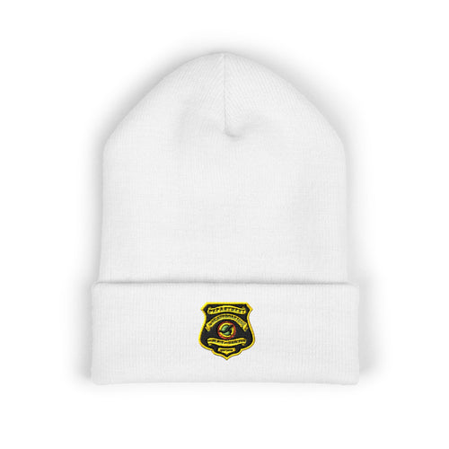 Embroidered Gold Badge Cuffed Beanie — Classic Winter Knit Hat