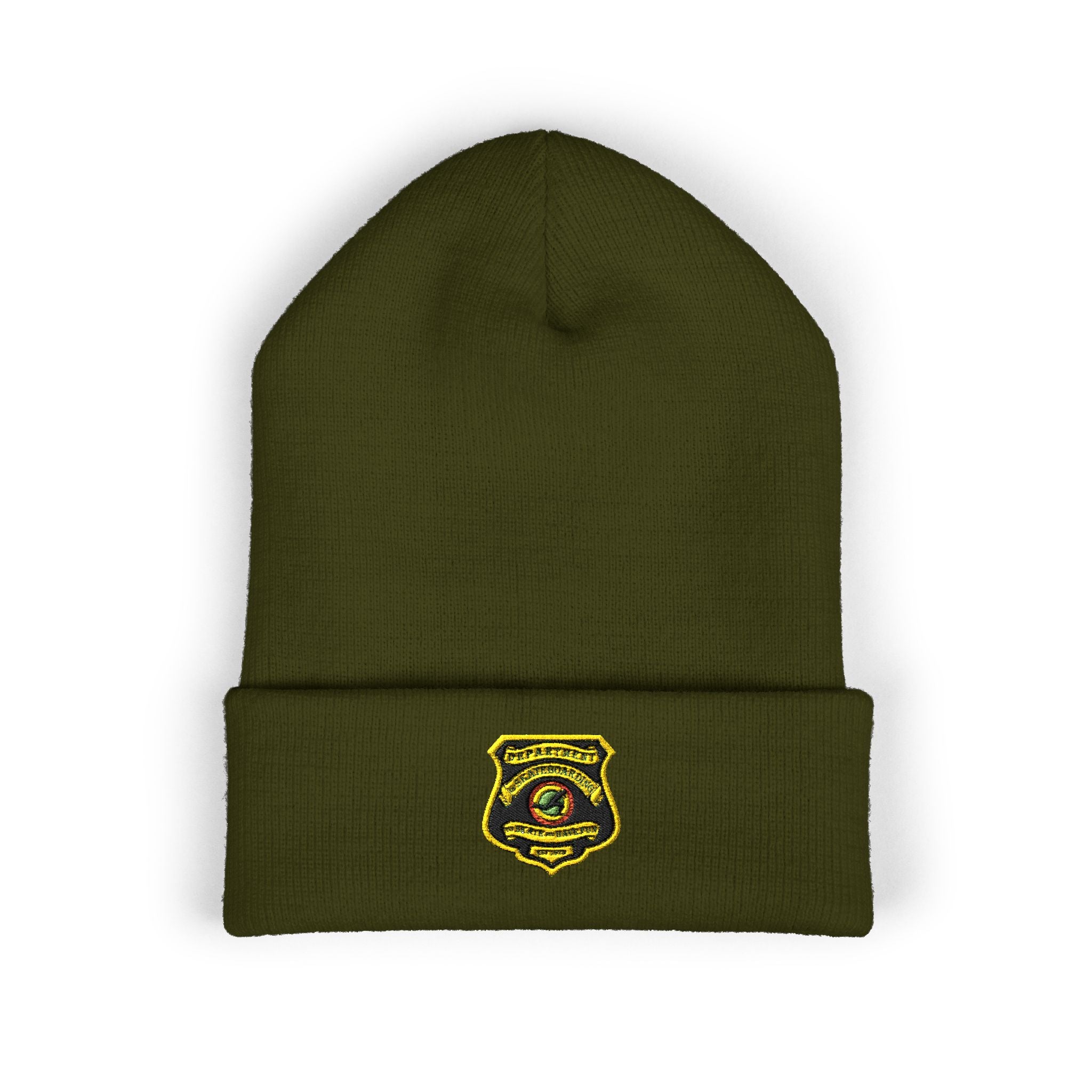 Embroidered Gold Badge Cuffed Beanie — Classic Winter Knit Hat